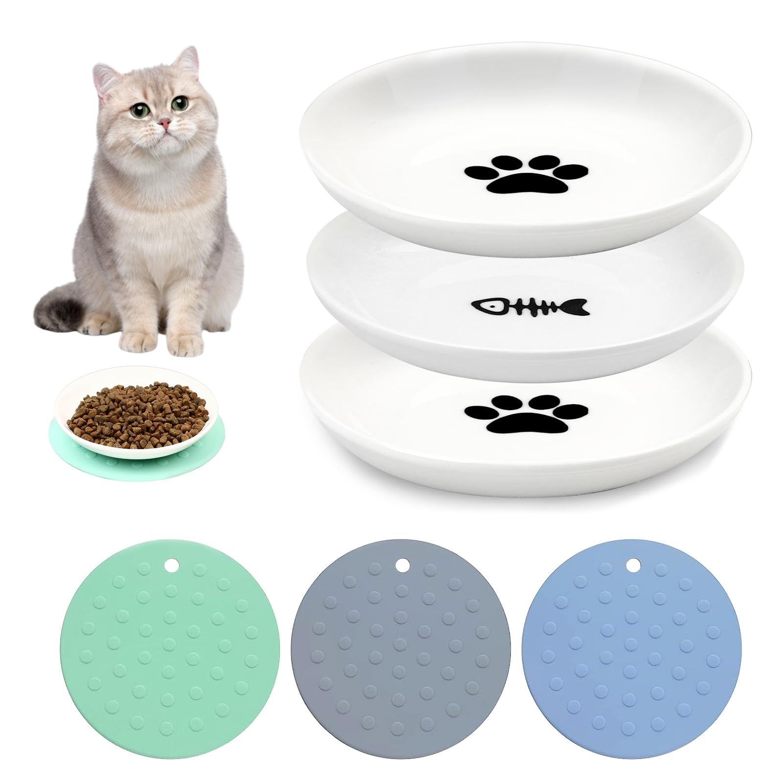 JOLIGAEA Comedero para Gatos, 3 Piezas Comedero Cerámica Gatos con Antideslizante Alfombrilla, Cuenco de Ceramica Gato, Comedero Perro Gato, Cuenco Gato Ceramica para Gatos Perros Pequeño y Mascotas