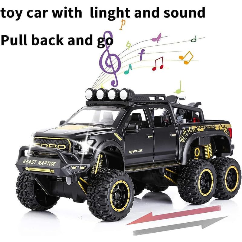 Image of Kids Model 1:24 Raptor F150 Die Cast Metal Car Pull Back Action Opening Doors with Realistic Engine Sound Lights Toy Car Gift for Boys - Black