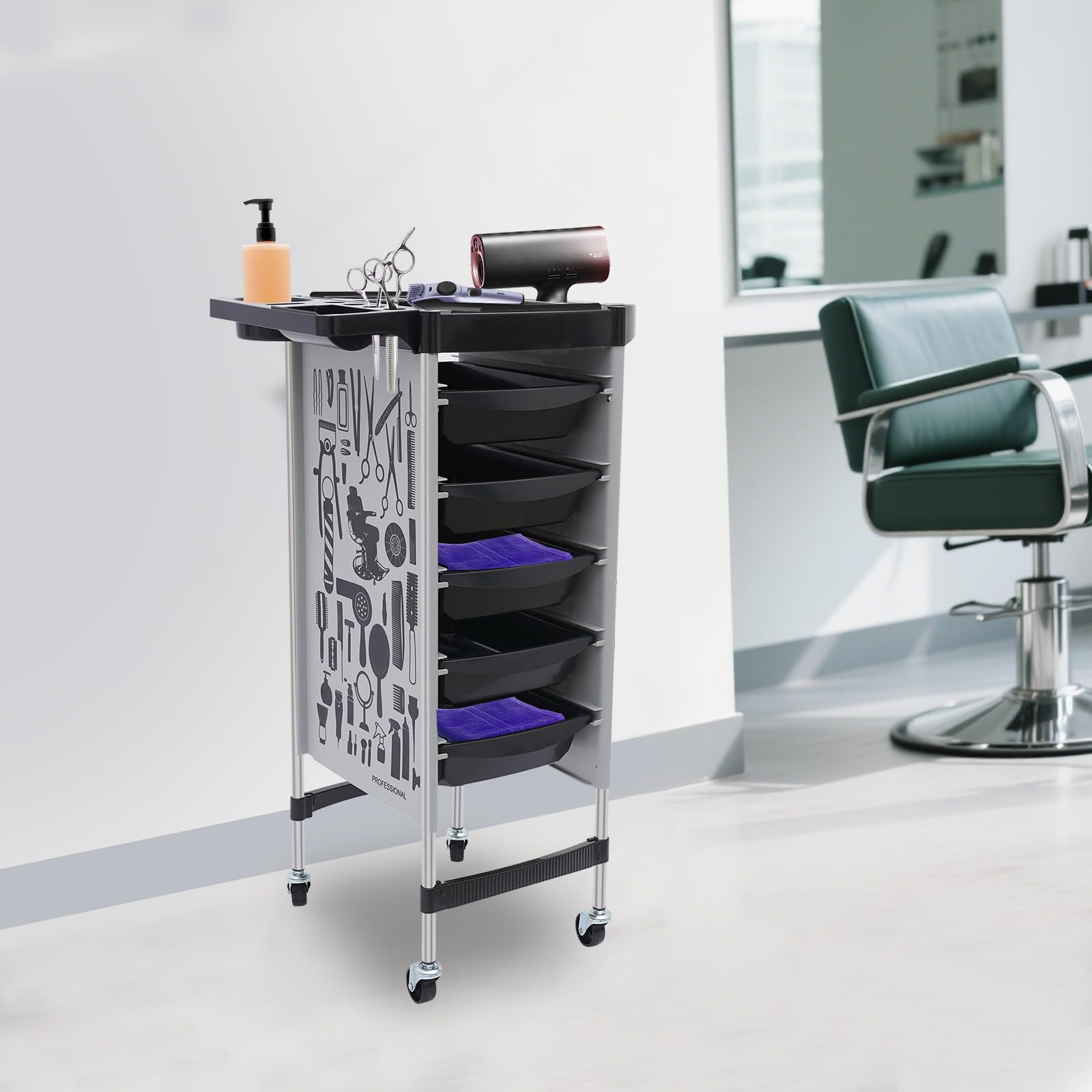 Carrito de peluquería, carrito de peluquería, carrito de peluquería con 5 cajones y ruedas, carrito de peluquería para estilistas, carros de trabajo para salones de uñas, peluquería, spa (negro)