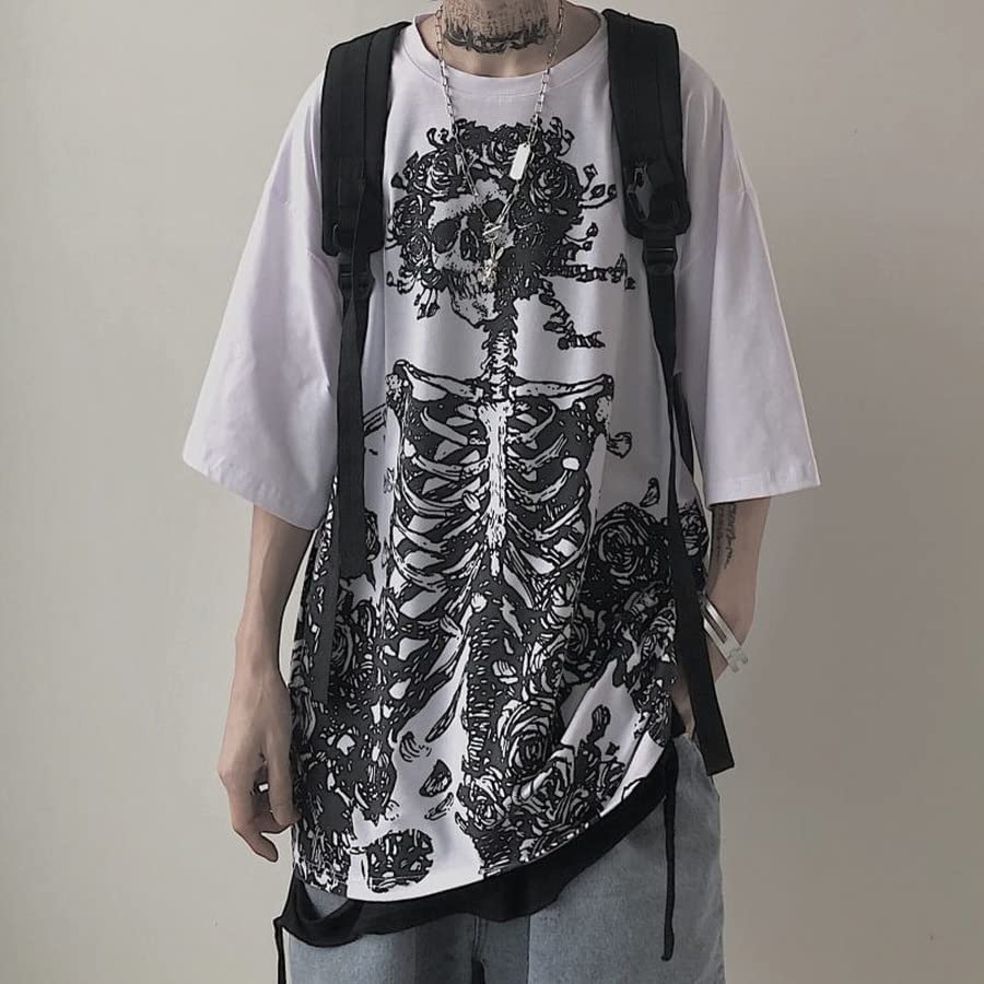 Women Man Y2K Skeleton T-Shirt, Punk Aesthetic Goth Skull Graphic Alternative Grunge Oversized Top Tshirts Streetwear: Small White
