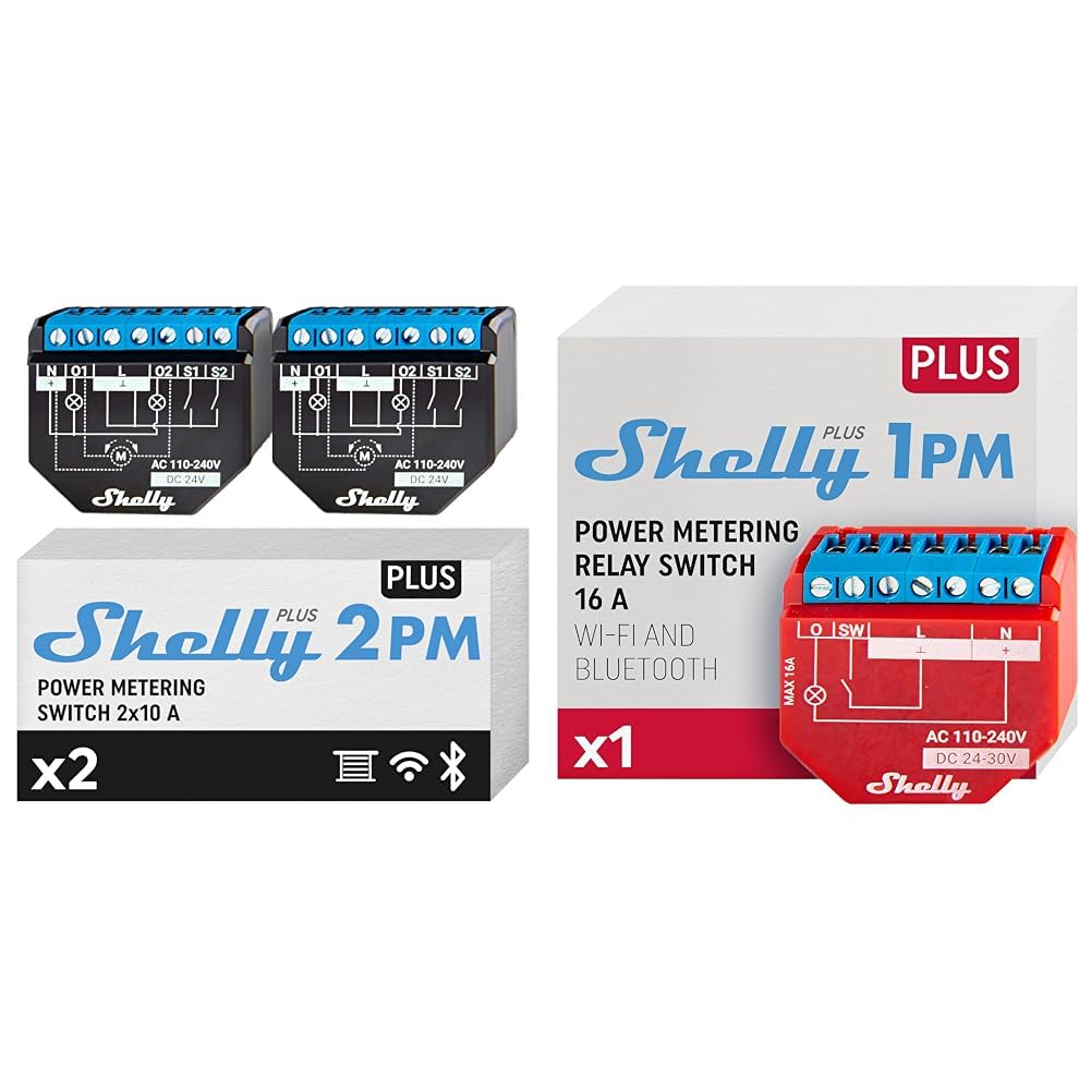 Shelly Plus 2PM | Smart Interruptor Relé Inalámbrico y Bluetooth 2 Canales con Medició & Plus 1PM | Smart Interruptor Relé Inalámbrico y Bluetooth Con Medición de Consumo