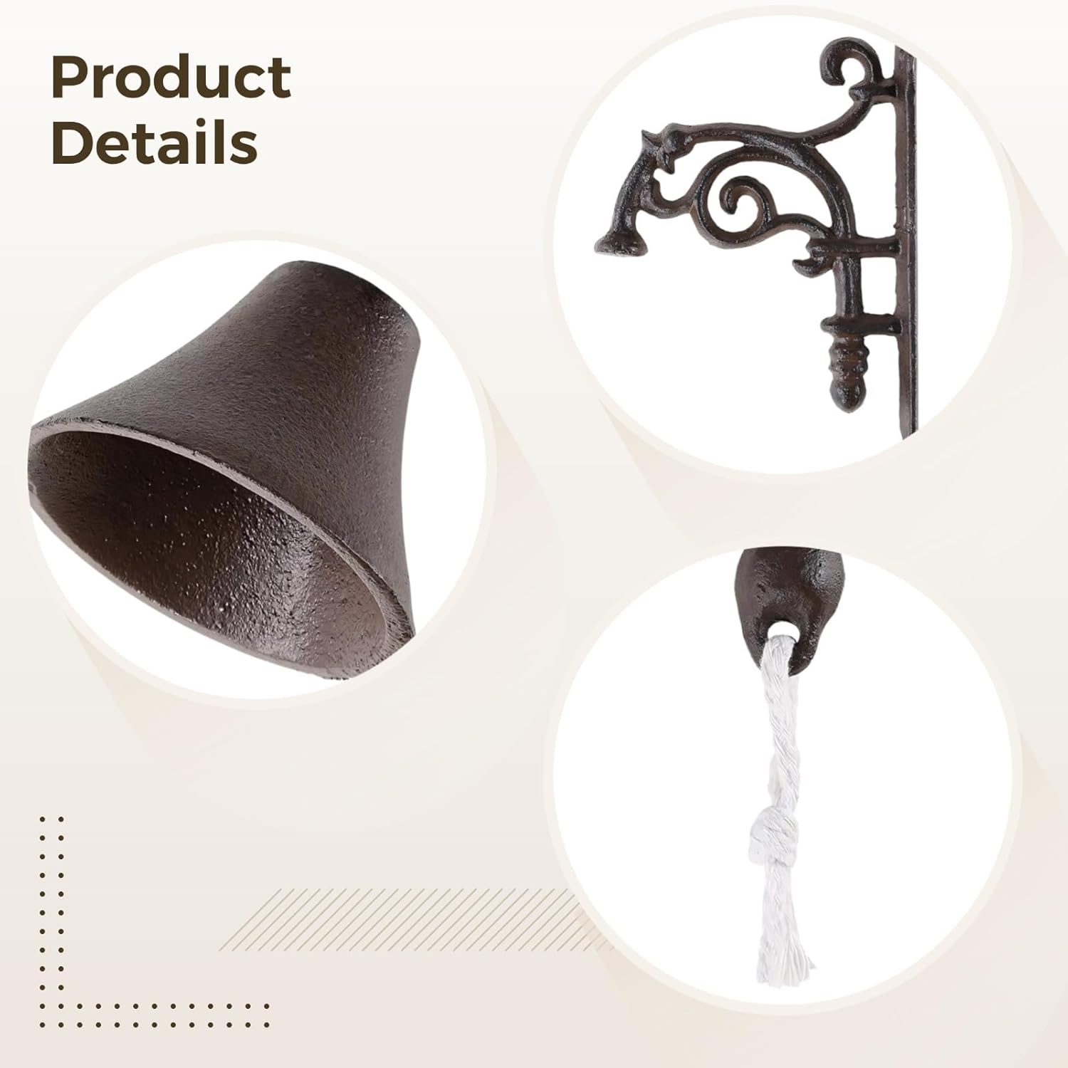 Metal Ring Bell Antique Bronze, Farmhouse Door Bell Vintage with Pull Rope, Decorative Service Bell Wall Mounted, Rustic Dinner Bell for Indoor Outdoor, for Patio Garden Bar Wall Decor