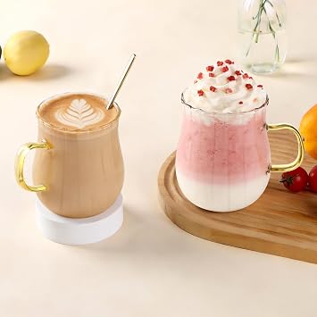 Glass Coffee Mugs 12oz 350ml with Handle and Spoon, Set of 2 | Clear Borosilicate Glass Cups, Bpa Free, Latte Glasses for Cappuccino, Macchiato, Tea, Milk, Juice, Cold & Hot Beverages