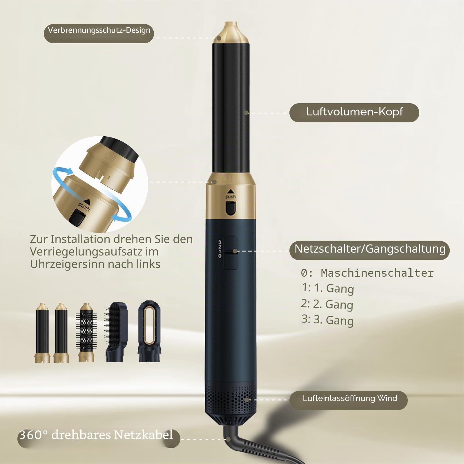 Journeyside 5 in 1 Hairstyler, 1000W Multifunktions Warmluftbürste mit 5 Zubehörteilen, 3 Temperaturen, 360° Schwenkbares Heckdesign, Hairstyler zum Haareaufplustern, Trocknen, Glätten, Locken，Blau