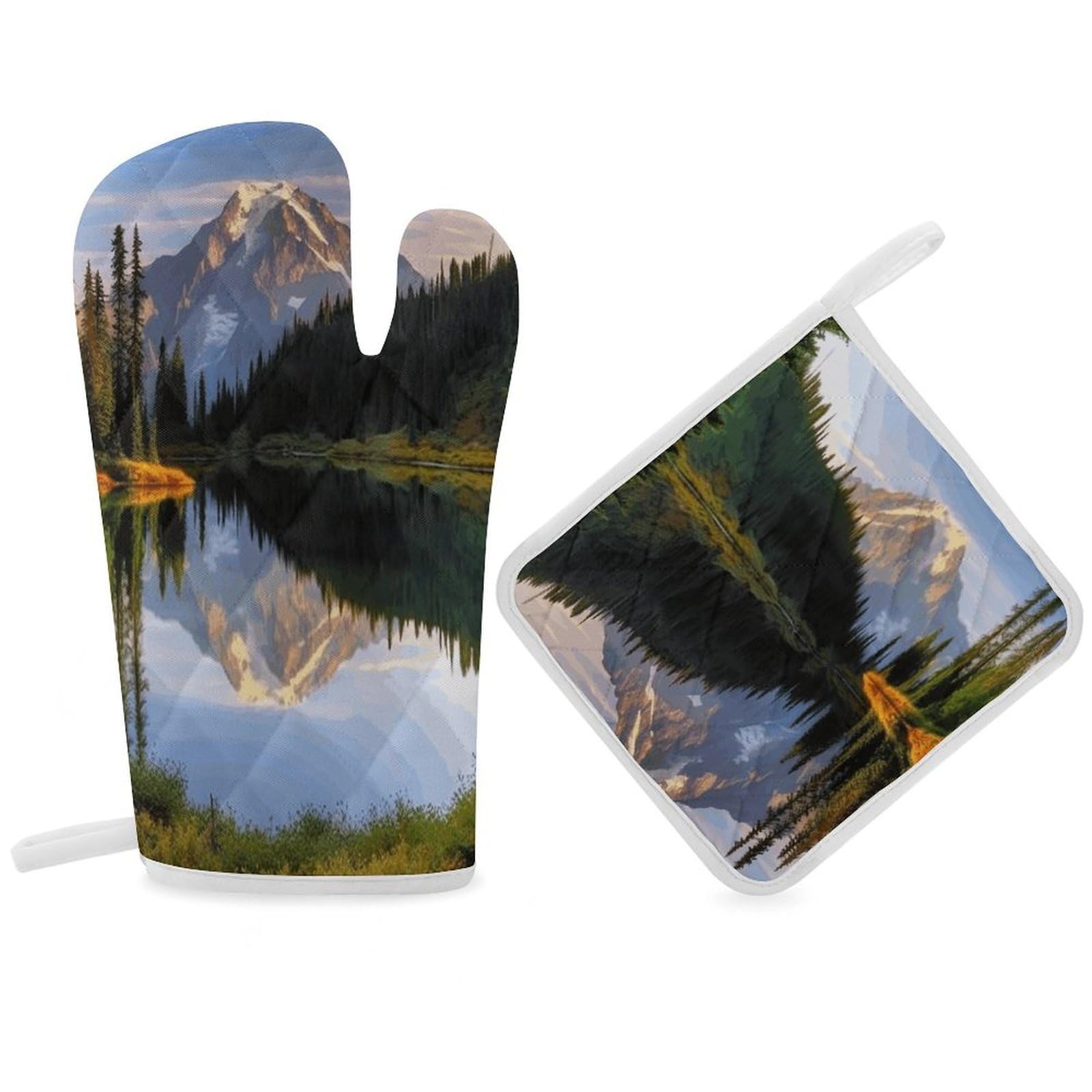 Mountain and Lake Pictures Oven Mitt Thick Substantial Heat Insulation Gloves Soft Skin-Friendly Temperature Resistant Oven Mitts for Cooking Lover Cooks