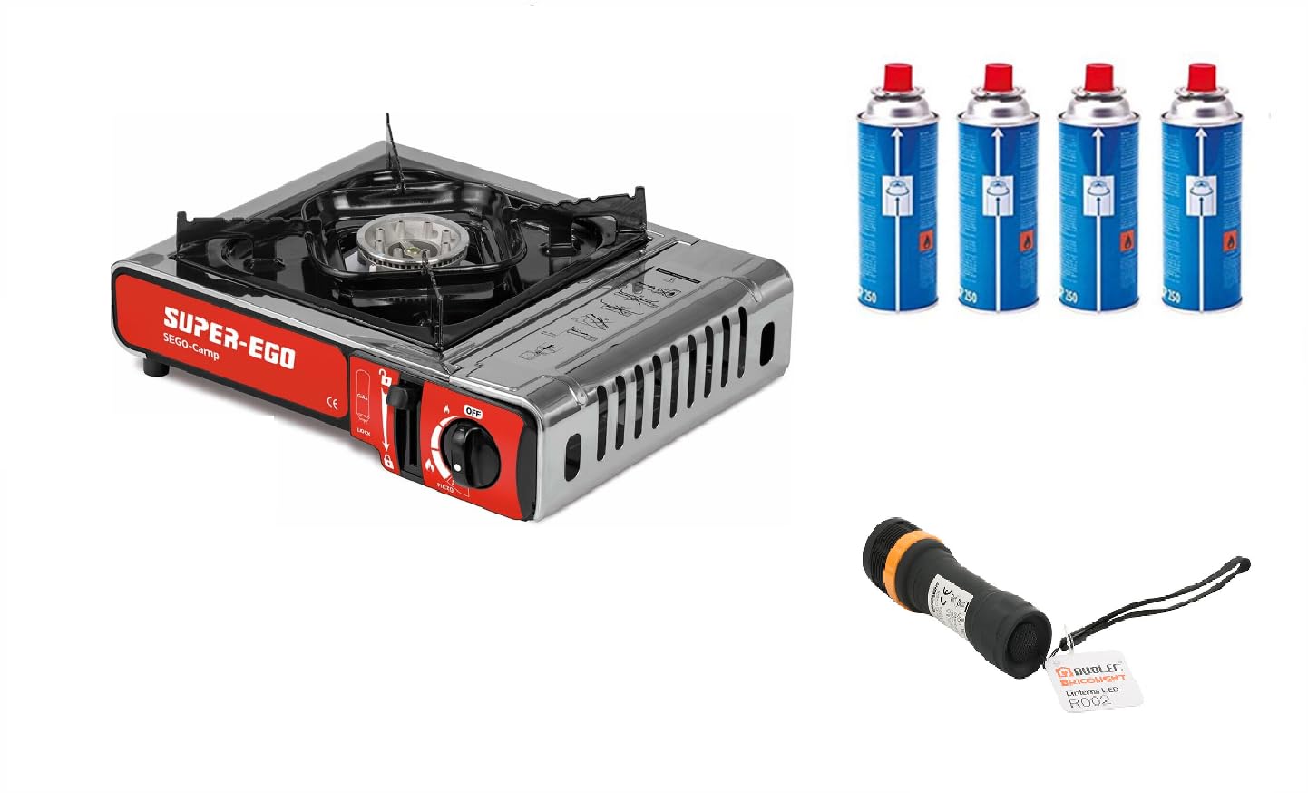 FYSHOP | KIT Supervivencia | Pack Supervivencia | Kit Apagon | Kit Emergencia | Hornillo cocina portatil con 4 cartuchos de gas y linterna Led de regalo