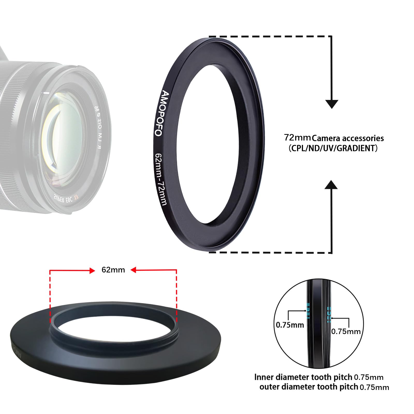 62mm to 72mm Step Up Ring For Filters,62mm-72mm Camera Filter Ring,Made Of CNC Machined space aluminum With Matte Black Electroplated Finish.for 72mm UV,ND,CPL Camera Filter accessories — view 5