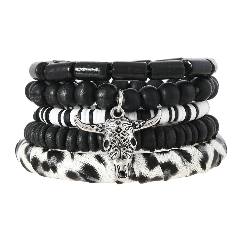 Western Cowgirl Beaded Bracelets Vintage Bull Head Bracelet Bohemian Polymer Clay Stackable Bracelets for Women Men Summer Vacation Jewelry Gift 01Black
