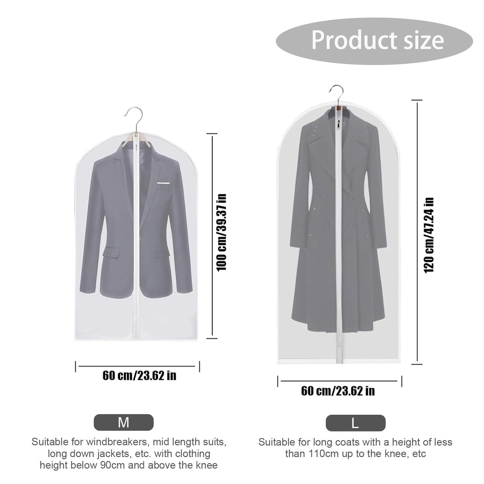 Qikvuer 8 Fundas de Ropa, Fundas Ropa Armario Transparente 60 x 120/100 cm, Bolsa Guardar Ropa Almacenaje Antipolvo para Traje, Vestidos, Camisas,Vestidos de Noche (Blanco)