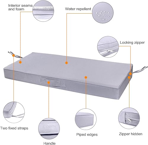 Miniatura 2 de Cojín de banco para exteriores, 48 x 18 pulgadas, impermeable, para columpios, muebles de jardín, patio, con asa y correas antideslizantes para