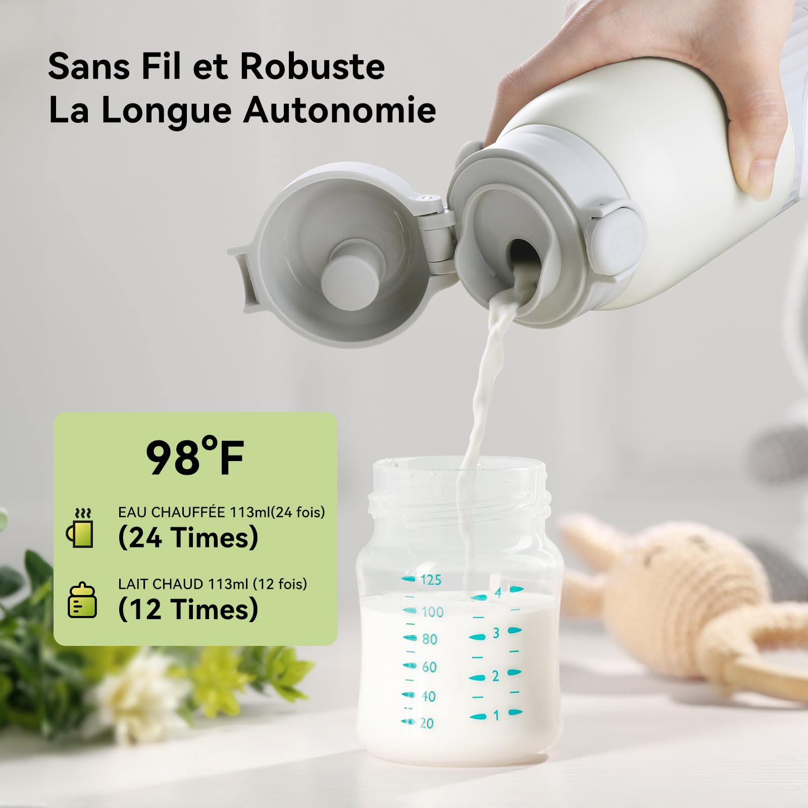 Chauffe-Biberon Nomade Portable Sans Fil 380ml, 2 Modes pour Lait Maternel et Eau, Température Réglable, Chauffage Rapide & Longue Autonomie, Recharge USB-C, Idéal pour Toute la Journée