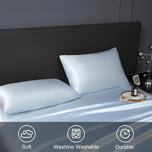 Miniatura 8 de Revdomfly juego de 3 sábanas de satén de tamaño individual de lujo, sedosas y suaves, color azul bebé, 1 sábana bajera premium de hasta 16 pulgadas