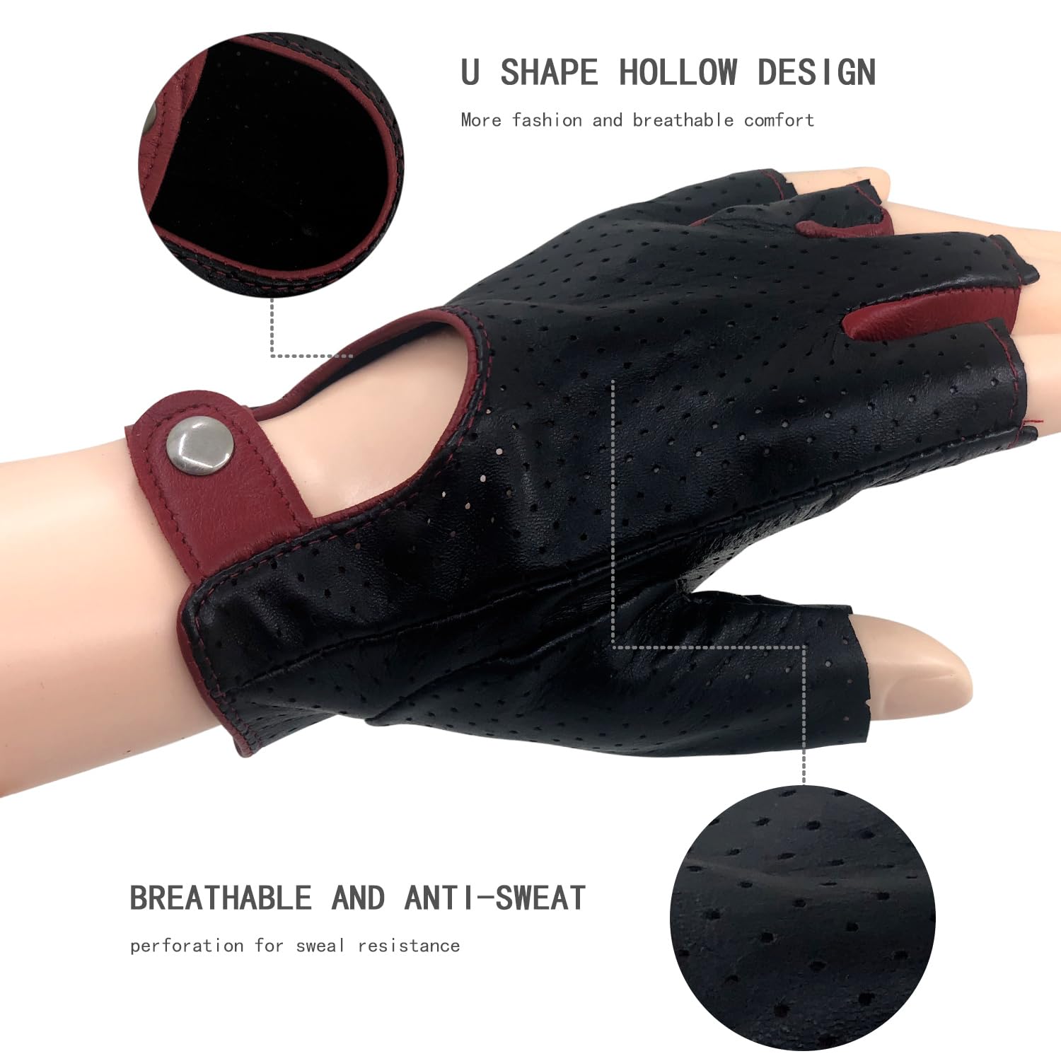Guantes de Cuero para Hombres Malla Completa sin Dedos Guantes de conducción