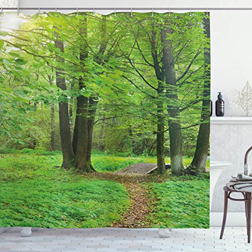 ABAKUHAUS Nature Shower Curtain, Summer Season Forest with Flourishing Trees Grass and Pathway Tranquil Scenery, 70 Inches