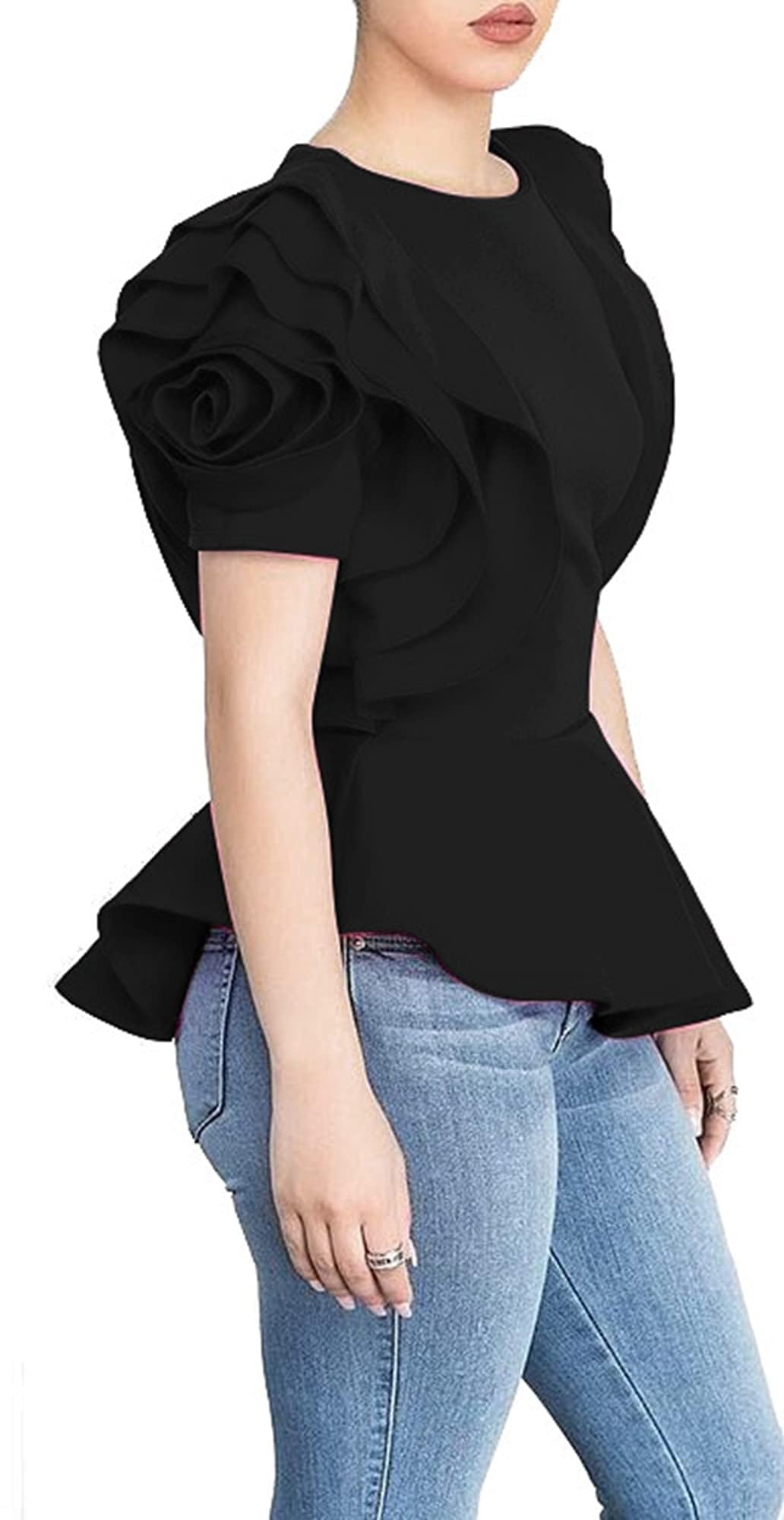 Blansdi Womens Tops Elegant Peplum Top Round Neck Ruffle Short Sleeve Dressy Peplum Blouse Shirts