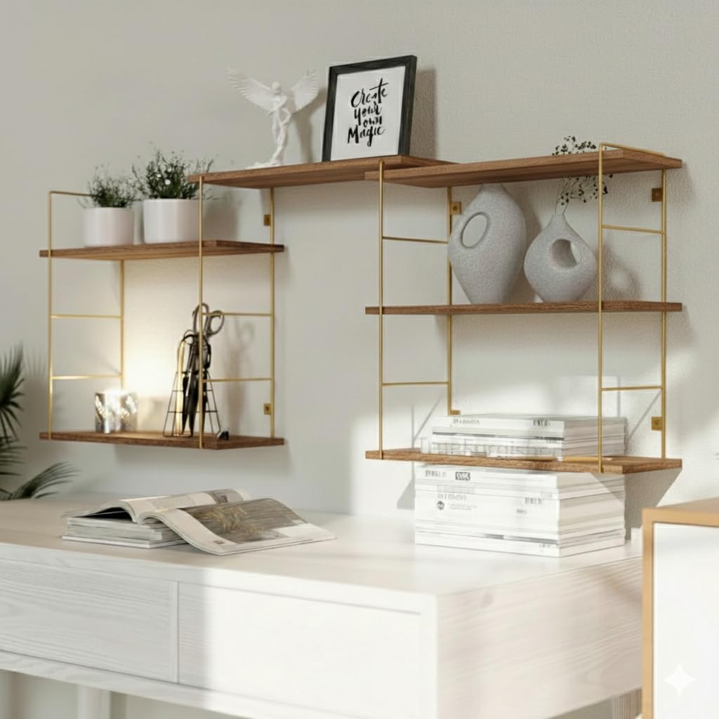 DIY Floating Wall Shelves for Living Room Wall Mounted, Kitchen, Bathroom accsessories & Kidsroom | Wooden & White Shelf for Home Office Books, Plants – Golden Frame-image-36