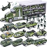 LovesTown 25 in 1 Green Military Big Truck Toys, Army Men Carrier Truck with Tanks & Soldier Men, Battle Vehicles with Lights and Sounds, Birthday Gifts for Boys