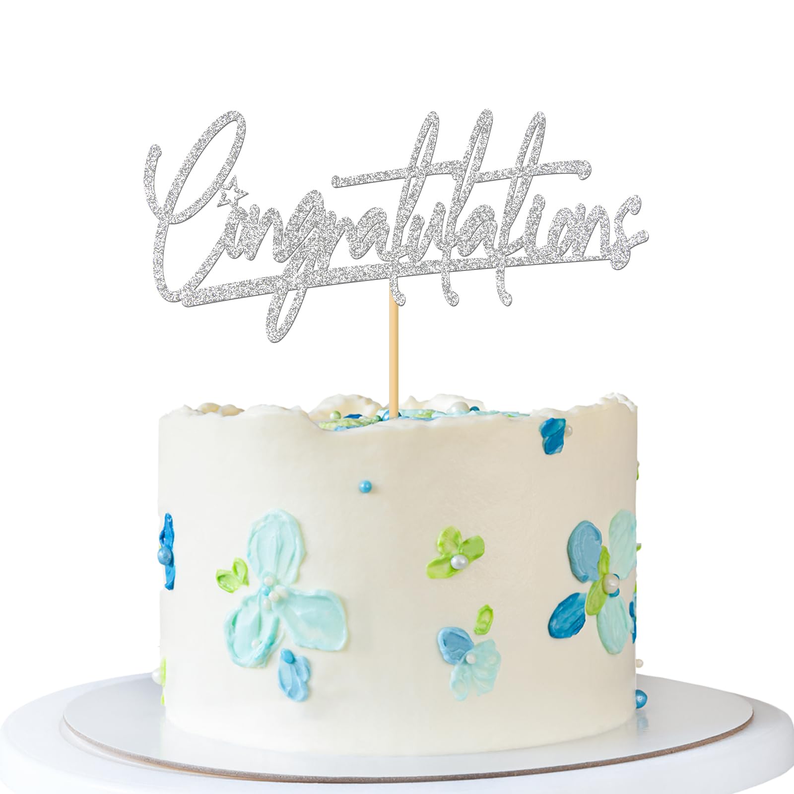 Congratulations Cake Topper - Graduation Cake Supplies - Retirement Wedding Birthday Anniversary Farewell Baby Shower Bridal Shower Party Decorations - Silver Glitter