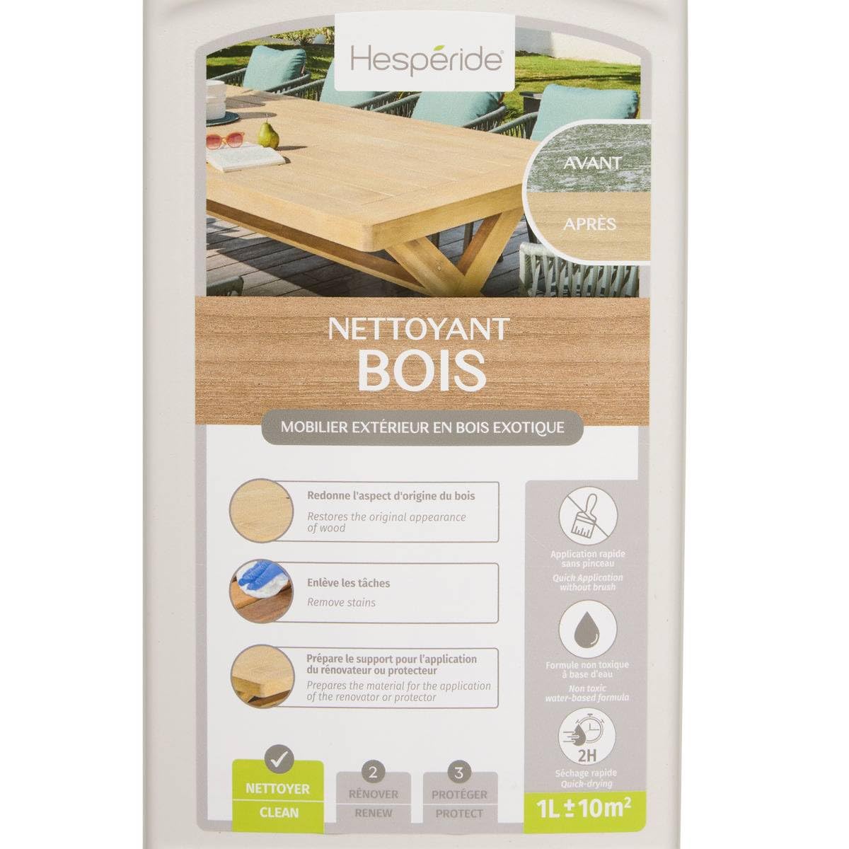 Hespéride - Nettoyant Dégriseur pour Bois Exotique 1 L, Élimine Les Taches, Ravive la Couleur - pour Mobilier de Jardin, Entretien Extérieur