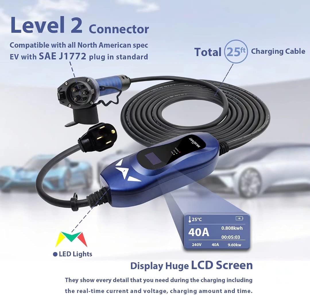 Get Special Price MUSTART Level 2 Portable EV Charger (240 Volt, 25ft Cable, 40 Amp), Electric Vehicle Charger Plug-in EV Charging Station with NEMA 14-50P (Update Version)