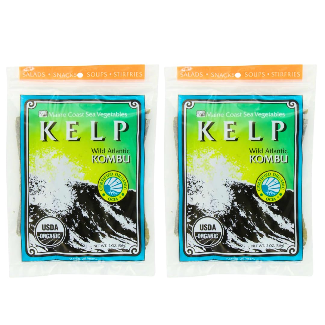 Maine Coast Sea Vegetables Kombu Sugar Kelp Leaf Bag | Organic Seaweed | Low Sodium Salt Alternative | Rich in Iodine | Ideal for Soups, Salads, Cooking | 2 Oz / 56 g (Pack of 2)