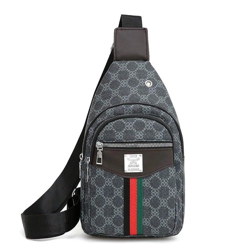 Li yunzi Designer Crossbody Sling Bag, Gray Monogram Pattern with Red Green Stripe, Fashion Casual Shoulder Bag for Men (01Drak gray)