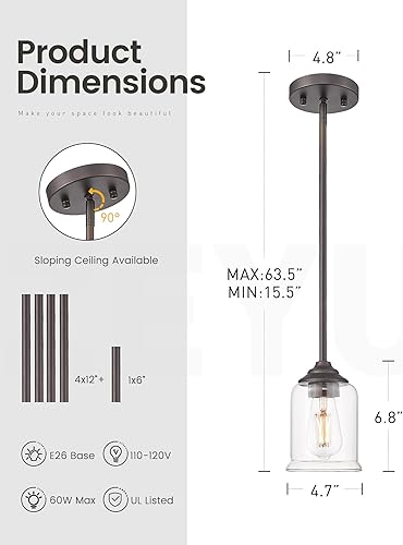 Miniatura 6 de zeyu ZSL104MIL-2 ORB - Paquete de 2 lámparas colgantes modernas para isla de cocina con pantalla de vidrio transparente, acabado de bronce aceitado