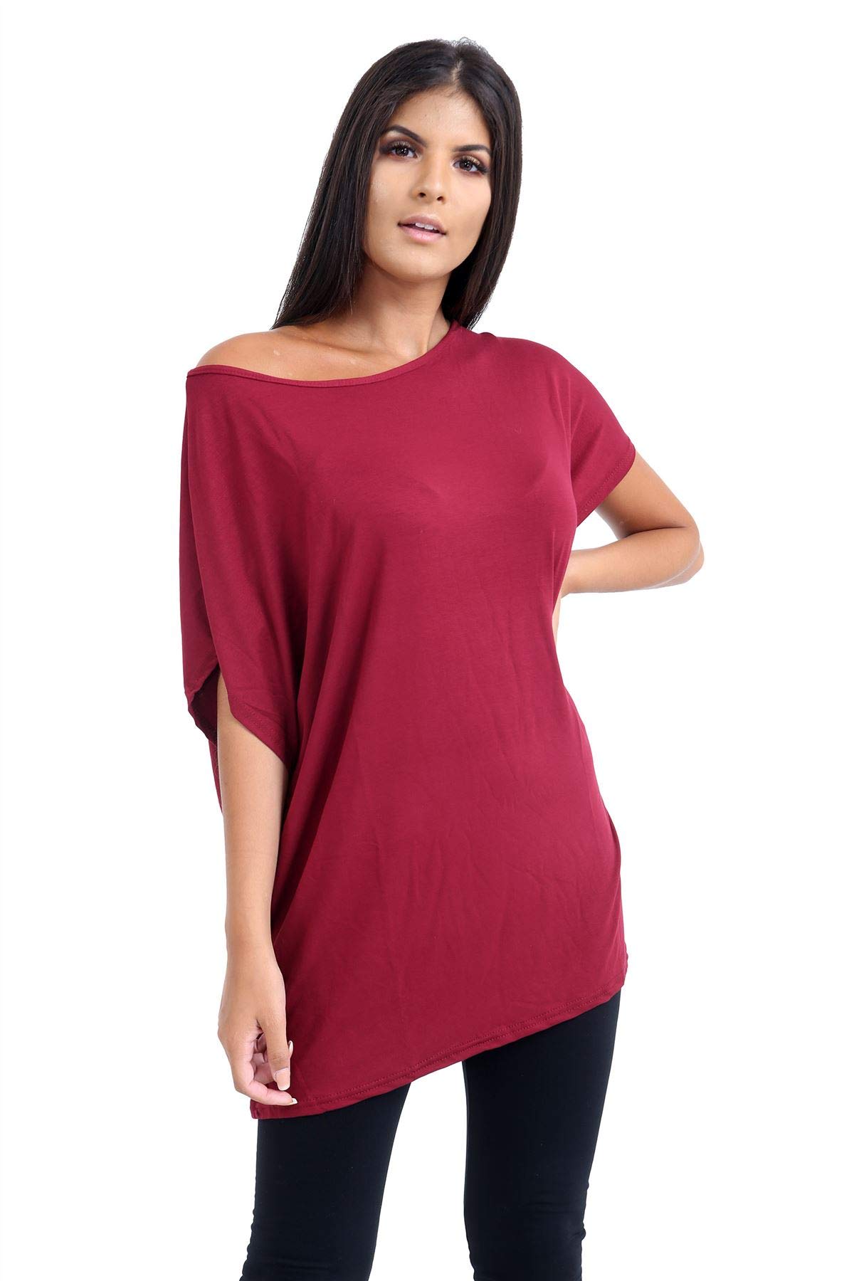 Hamishkane Women's Wine Hamishkane® Bardot Baggy Style Oversized T Shirt For - New Plain Off The Shoulder Batwing Top, Fashionable Tops For Casual Party Wear