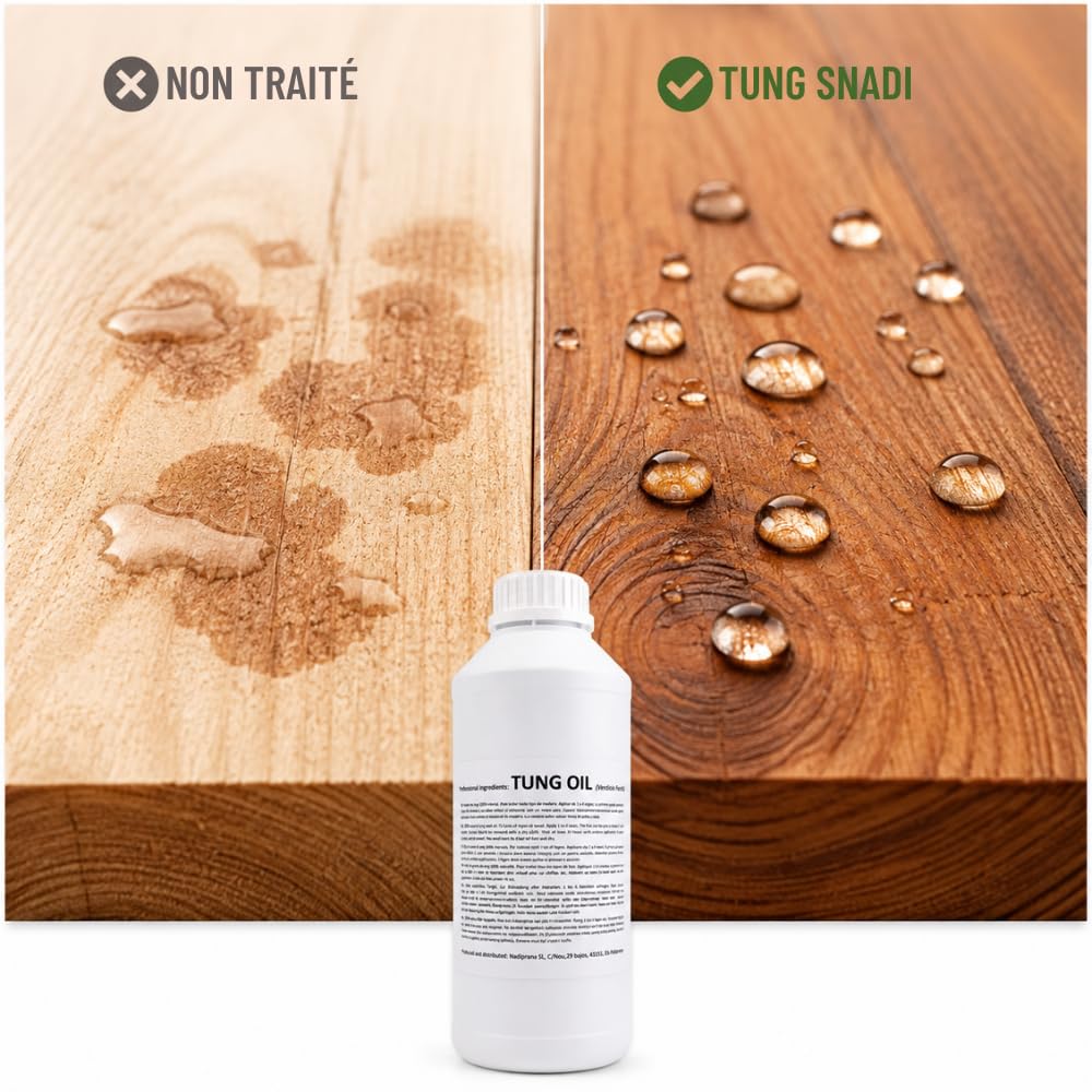 1 litre Huile de tung 100% pure | Entretien naturel du bois intérieur et extérieur | Il n'altère pas la couleur en laissant une couche imperméable très résistante. - Snadi