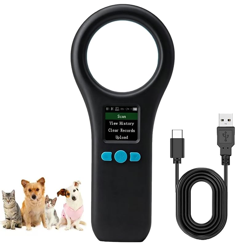 Leitor de Microchip para Cães e Gatos Treamvp RFID ISO11784/85 FDX-B/EMID Recarregável Preto e Azul