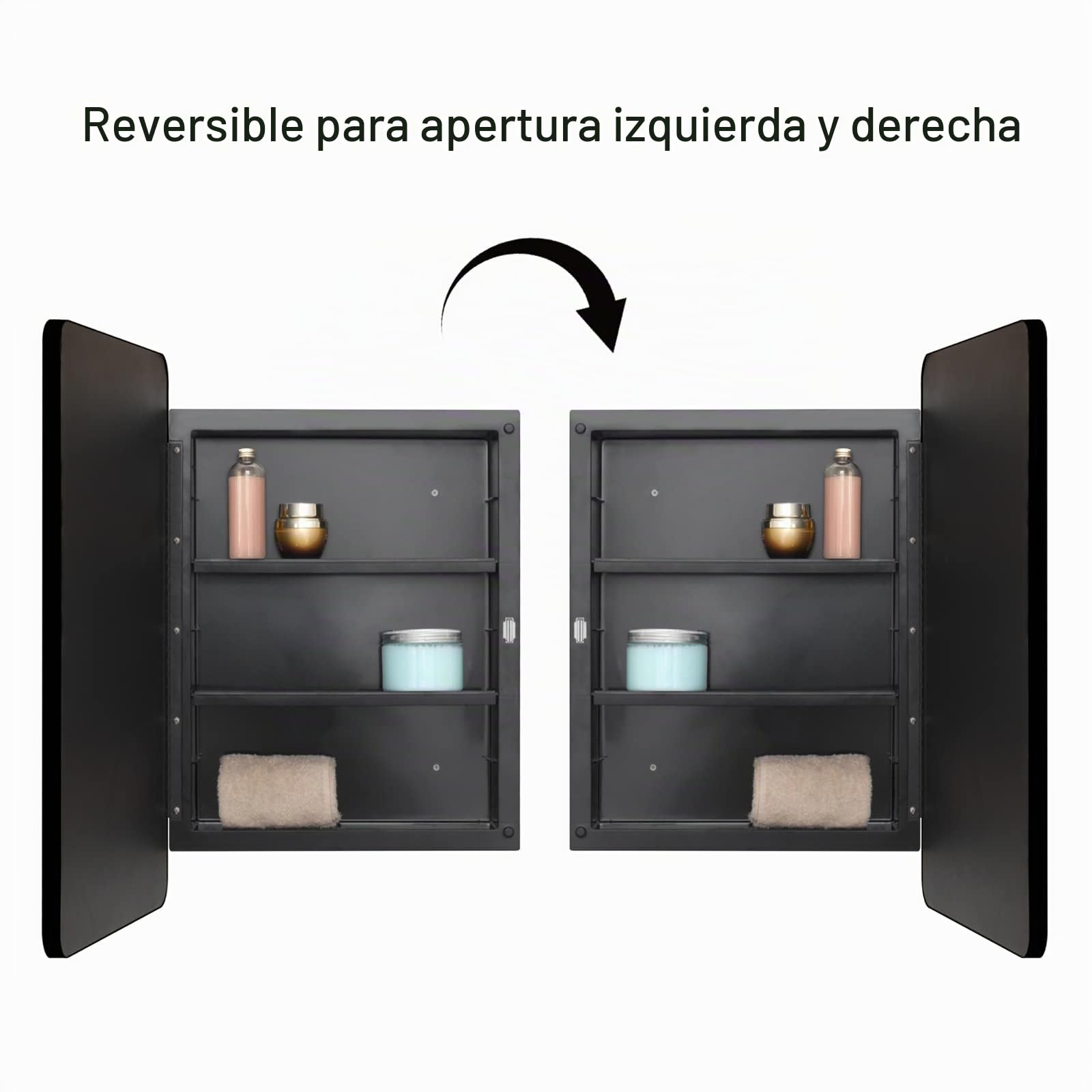 Fundin Botiquín de plástico negro, puerta de espejo con borde biselado con marco de metal de esquina redonda, empotrado y montaje en superficie, gabinete de medicina de baño, tamaño de espejo de 16 x