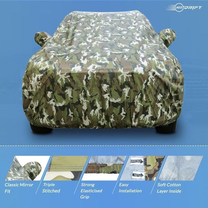 Image of NEODRIFT 'JungleTech' Car Cover for Tata Tiago (Back Long Antenna) (100% Water-Resistant, All Weather Protection, Tailored Fit, Multi-Layered & Breathable Fabric) (Colour: Military)