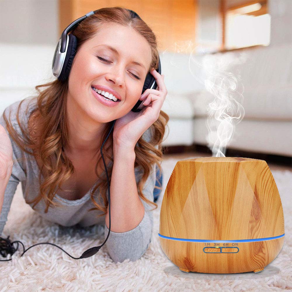 Difusores de aceite esencial, 550 ml Ultrasónico Cool Mist Aromaterapia Difusor Humidificador de aire con 7 luces LED el hogar/Dormitorio/Yoga con control remoto Temporizador-Grano de madera claro