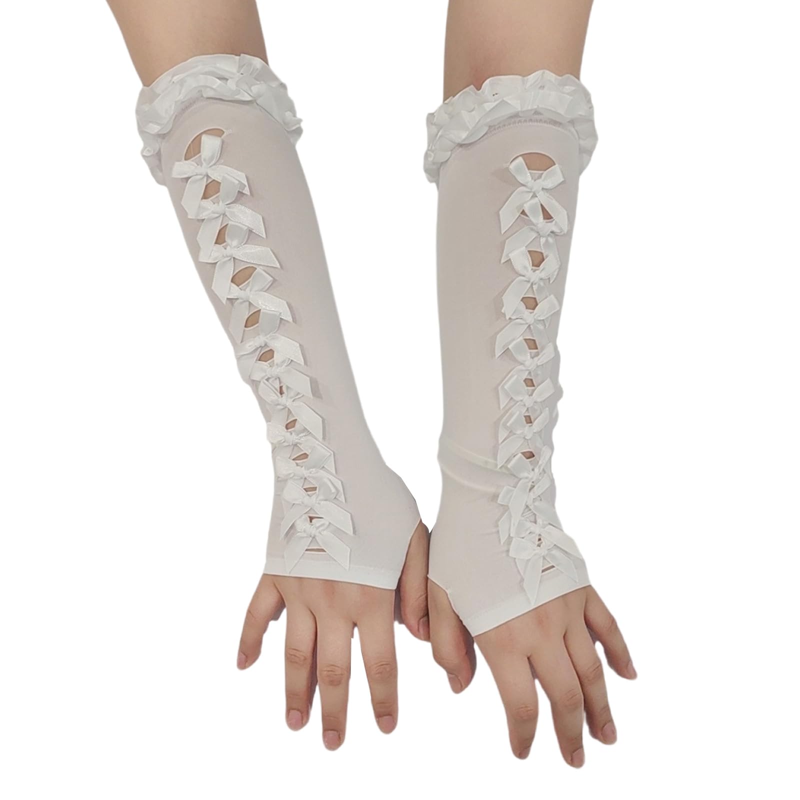 MICFENY Elegant Lace Trimmed Sun Protective Gloves Breathable Hollowed Arm Cover With Bowknot Detail For Fashion Women Wear
