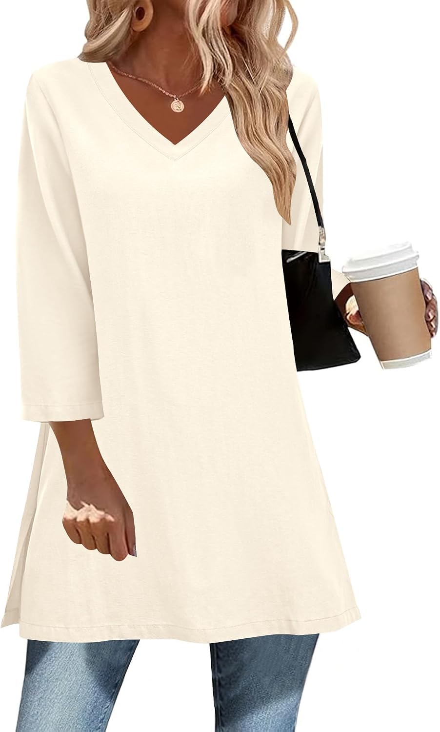 AKEWEI Cotton Linen Tunics to Wear with Leggings Swing Flare V Neck Womens Blouses Casual 3/4 Sleeve Tops for Women