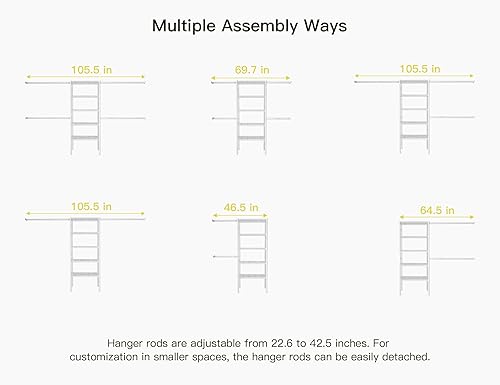 Miniatura 6 de Ulif M2 - Sistema organizador de armario, 5.9 pies de altura montado en la pared, con 4 barras de suspensión expandibles, 5 estantes en 23.6