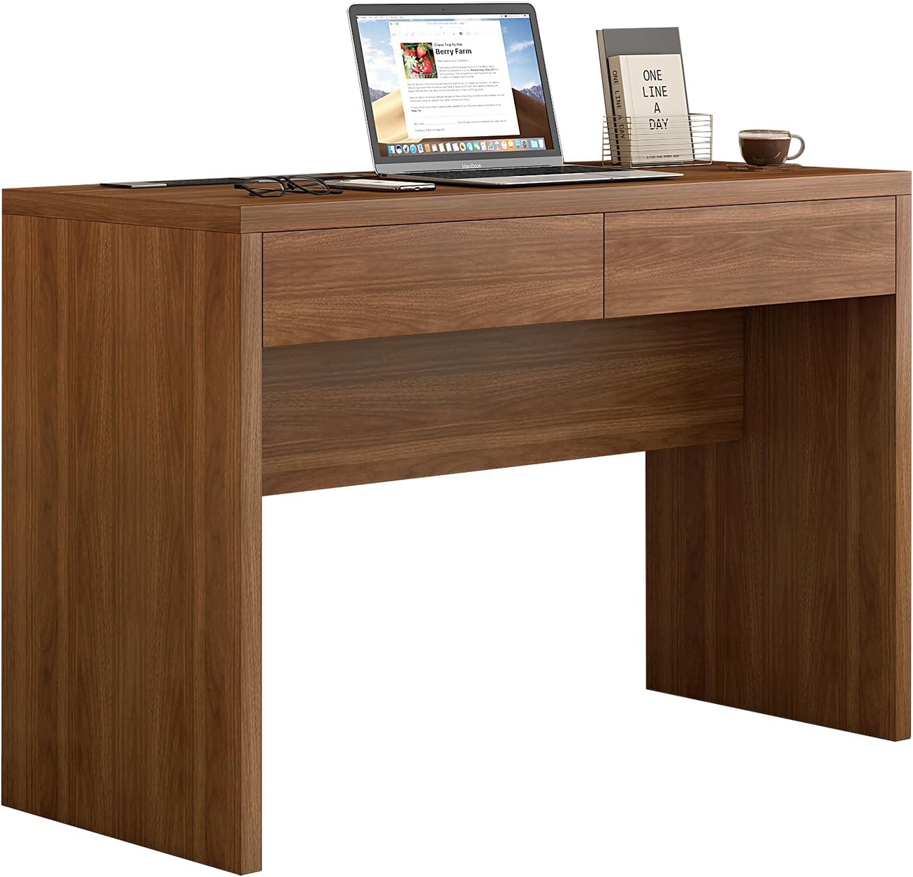 47-Inch Computer Desk with Pull-Out Outlet, Home Office Desks with 2 Sturdy Drawers, Writing/Gaming/Work/Study Desk for Bedroom, Living Room Brown