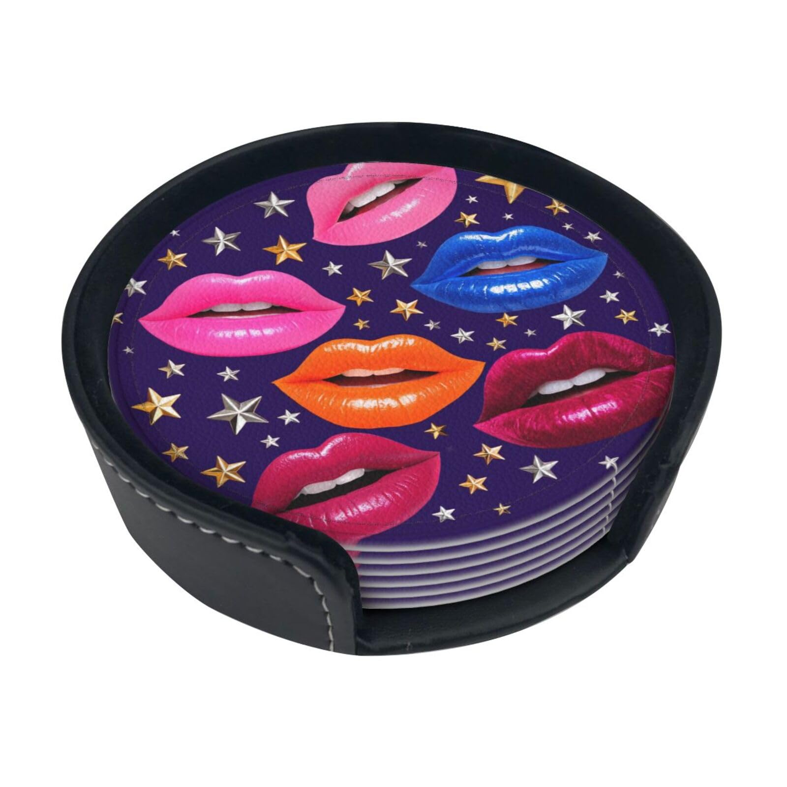 Lip Star Leather Coasters-Set of 6 with Storage Holder