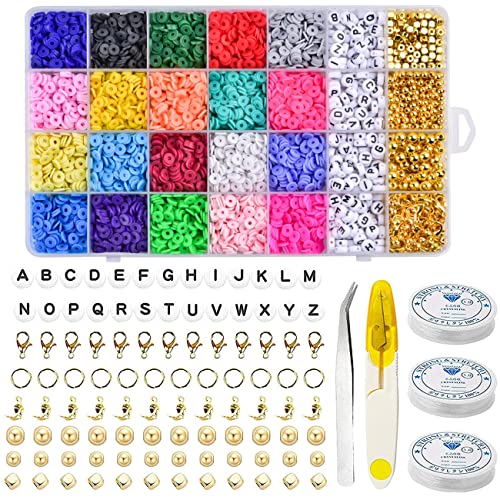 HEYBEE 4800Pcs Clay Beads for Bracelets Making Kit,Beads Flat Beads for Jewelry Making, DIY Polymer Clay Spacer Beads with Letter Beads and Gold Beads (20 Colors, 6mm)