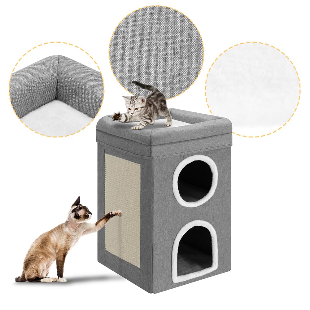 BAKAJI Niche pour Chat Pliable Gris 2 étagères Verticales, abris pour Animaux domestiques, griffoir en Polyester Chaud et rembourré, lit avec Base antidérapante 41 x 41 x 63 cm
