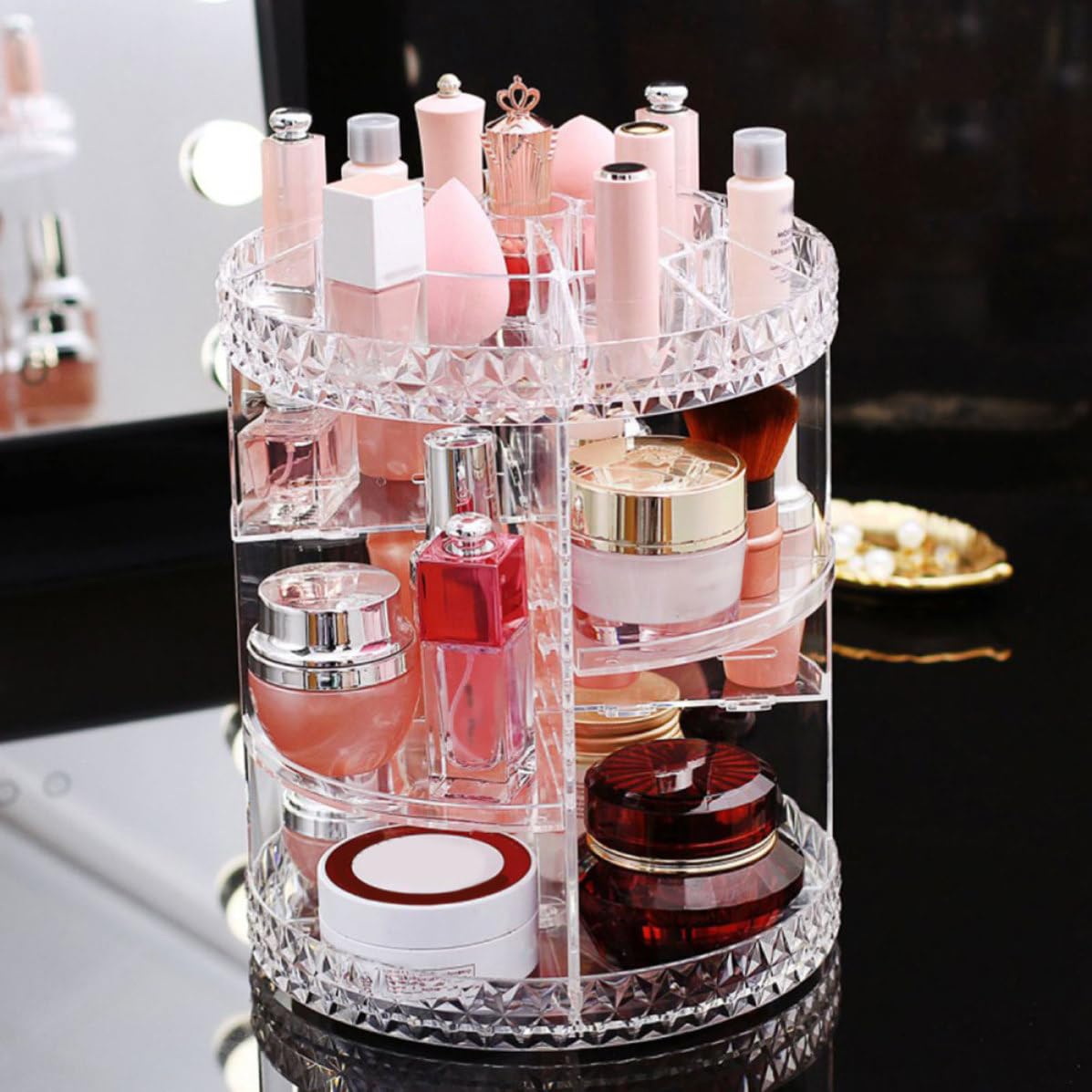 360grado Organizer Cosmetici Acrilico Rotante Grande Capacità con Base Stabile per Bagno Camera e Toeletta Porta Trucchi Multifunzione per Donna