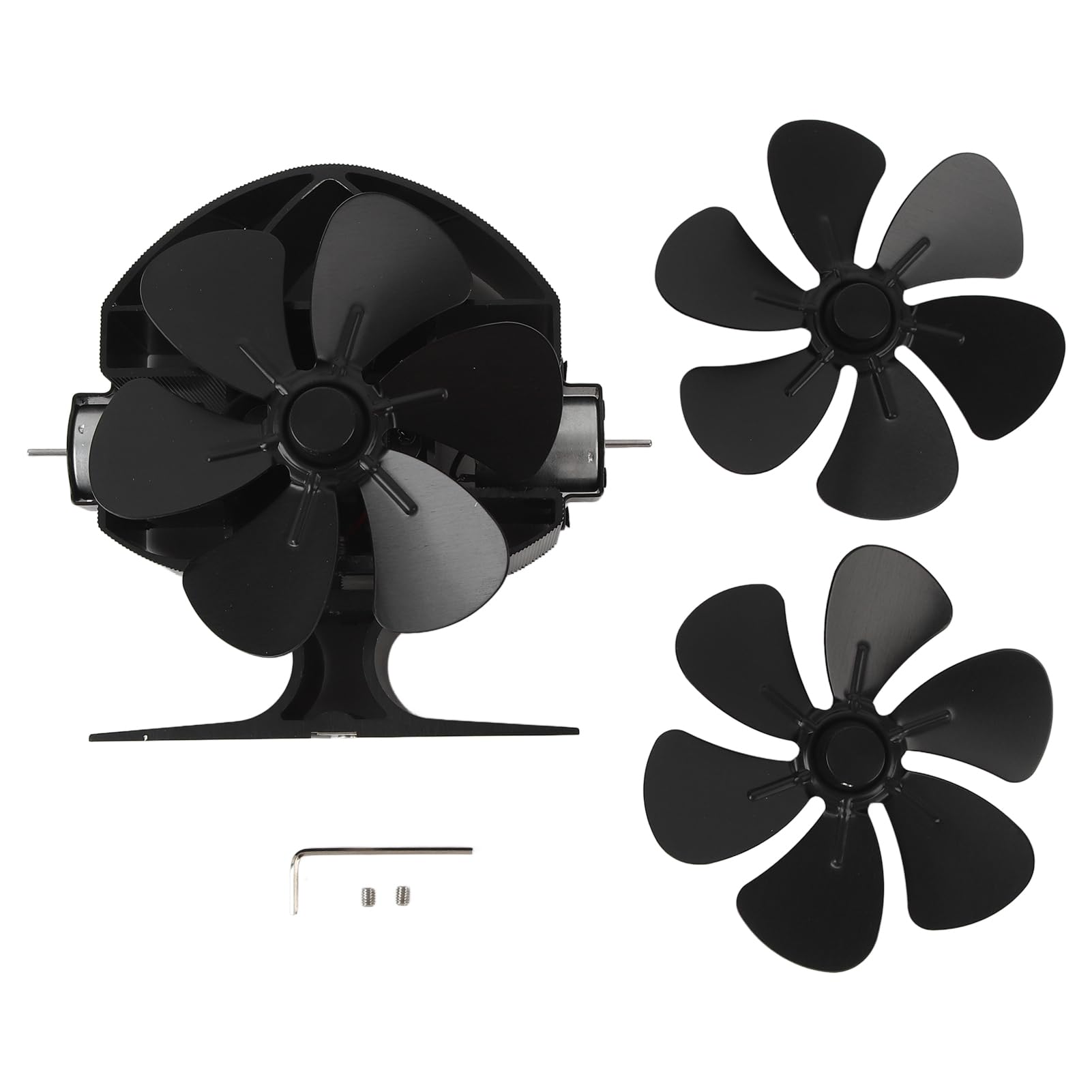 Ventilador de estufa accionado por calor, 3 cabezales de 18 palas de 270 ° de aluminio oscilante soplando ventilador de chimenea con manija de cubierta protectora para estufa de