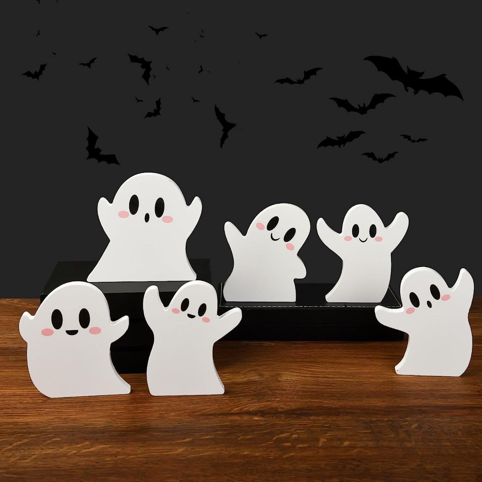 BGJJGT 6 Pcs Halloween Tiered Tray Decorations Wooden Ghosts, Wooden Ghost Trays Theme Table Sign for Halloween Decoration Fall Decor Tabletop Photo Prop (6)