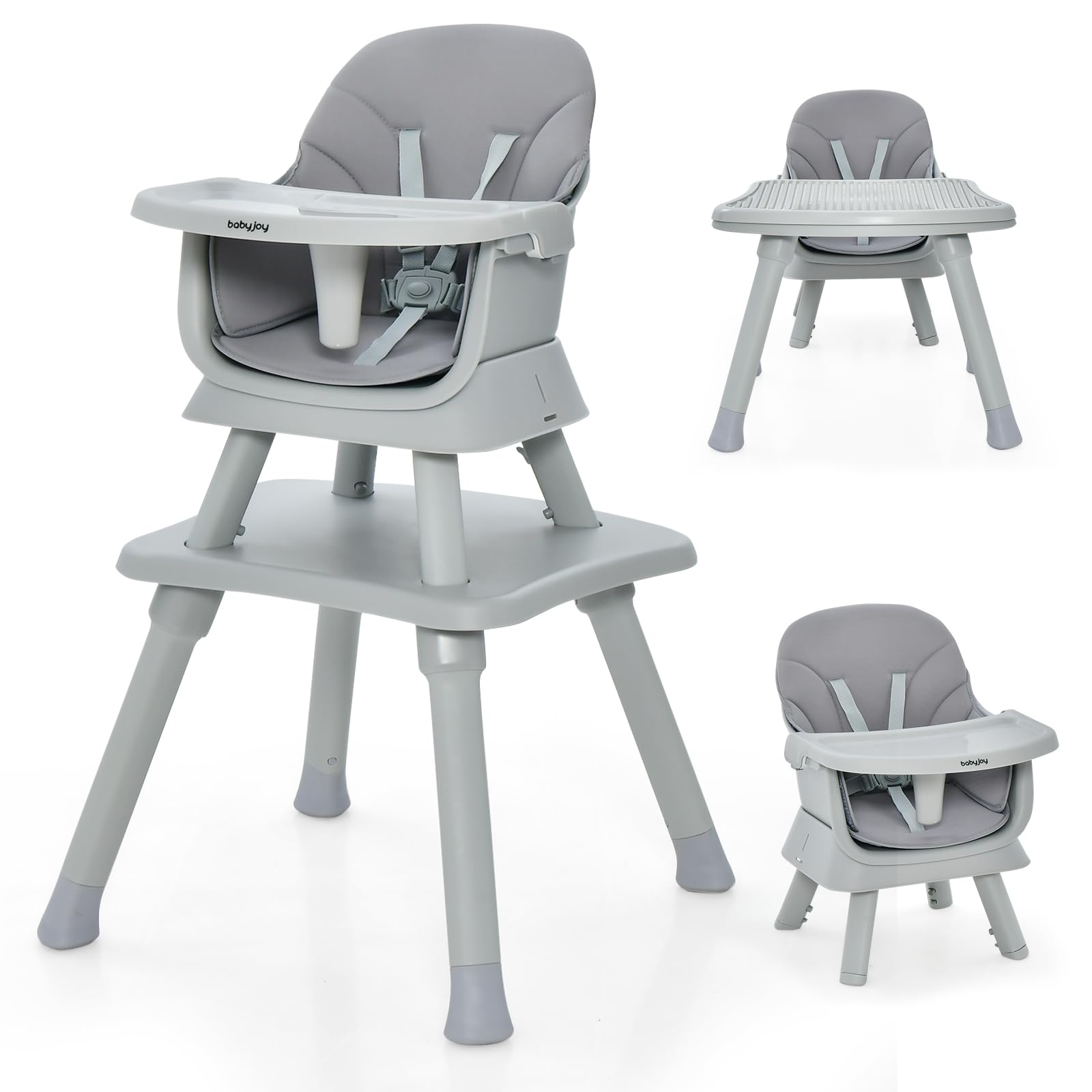 RELAX4LIFE 6 en 1 Trona Bebé con Arnes de 5 Puntos y Cojín Desmontables, Tronas de Bebe Portátil con Bandeja Ajustable y Extraíble, Mesa y Silla Infantil para Niños 6+ Meses, Carga 25kg (Gris)