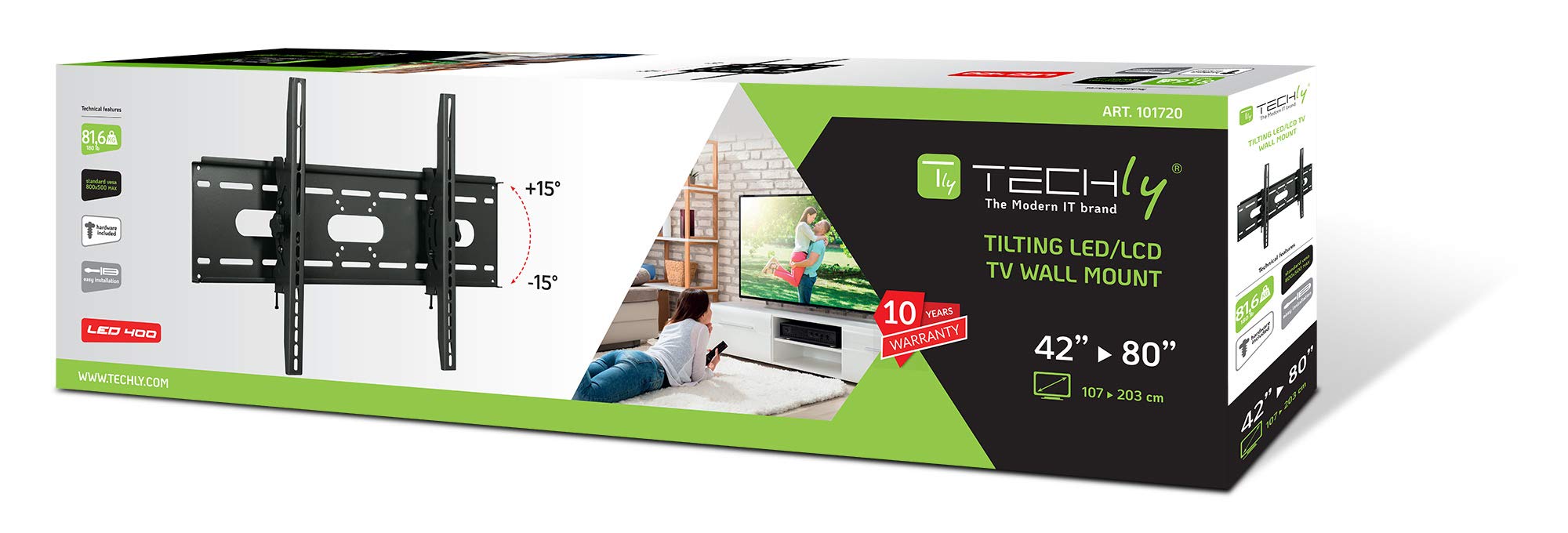 Techly Uchwyt TV Ścienny na 1 Wyświetlacz 42-80'' z Możliwością Pochylenia