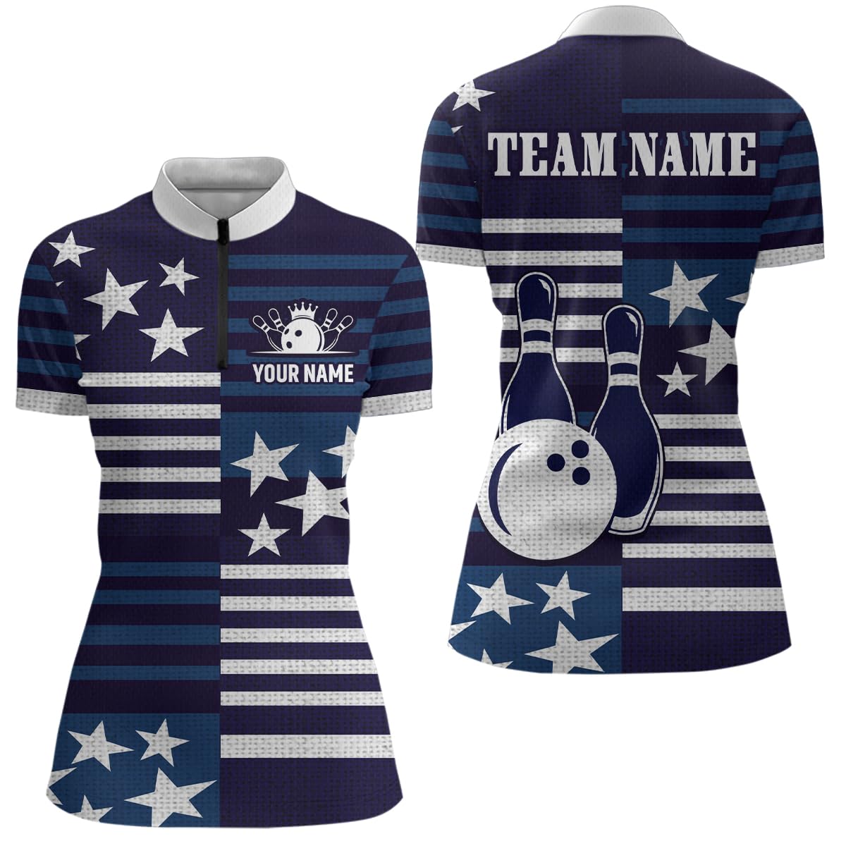 PIONAMZIOZ Blue Bowling Shirt Custom American Bowling Polo Shirt for Women Men Bowling Shirts Zip Shirt Team Name (US, Alpha, Small, 5X-Large, Regular, Regular, Women Quarter Zip)