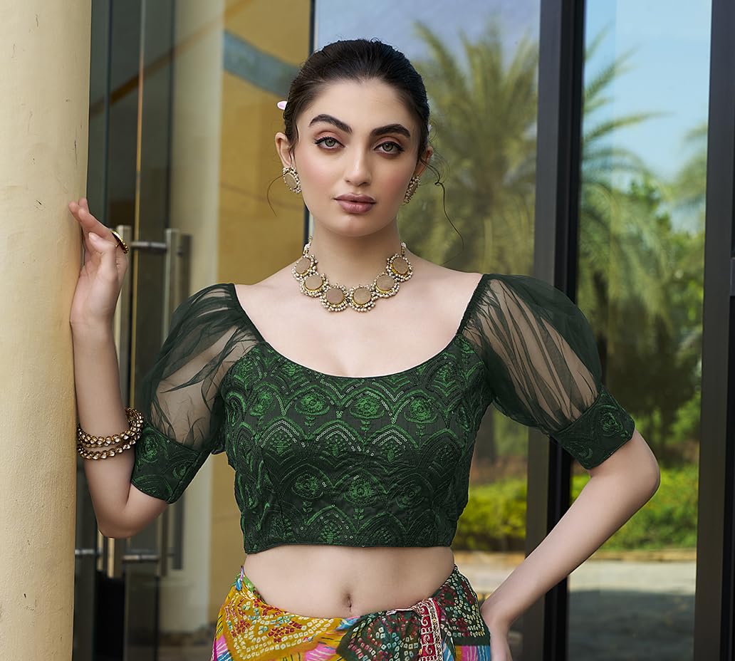 Pujia Mills Womens Net Fabrics Round Neck Puff Sleeve Blouse (Bottle Green, 34)