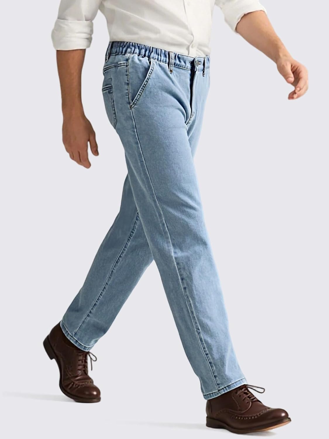 Mens Elastic Waist Straight Leg Jeans Relaxed Fit Stretch Waistband Denim Pants with Zipper and Button - Image 3