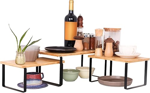 Organizador de estantes de cocina, estantes elevadores, apilables, ampliables para exhibición de especias, platos, tazas (paquete de 3, S, M y L,
