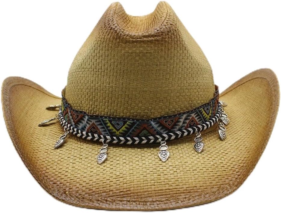 Western Cowboy Hat, Straw Woven, Boho Fringe Band with Colorful Beads, Natural